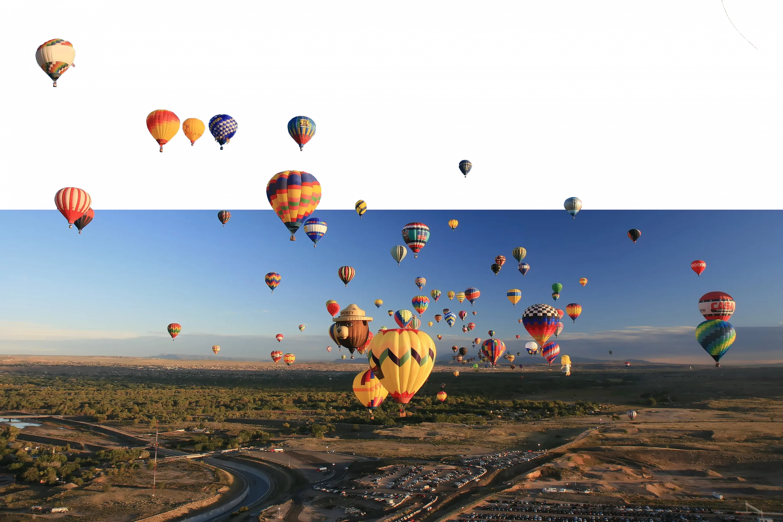 Group of hot air balloons in a deep blue sky