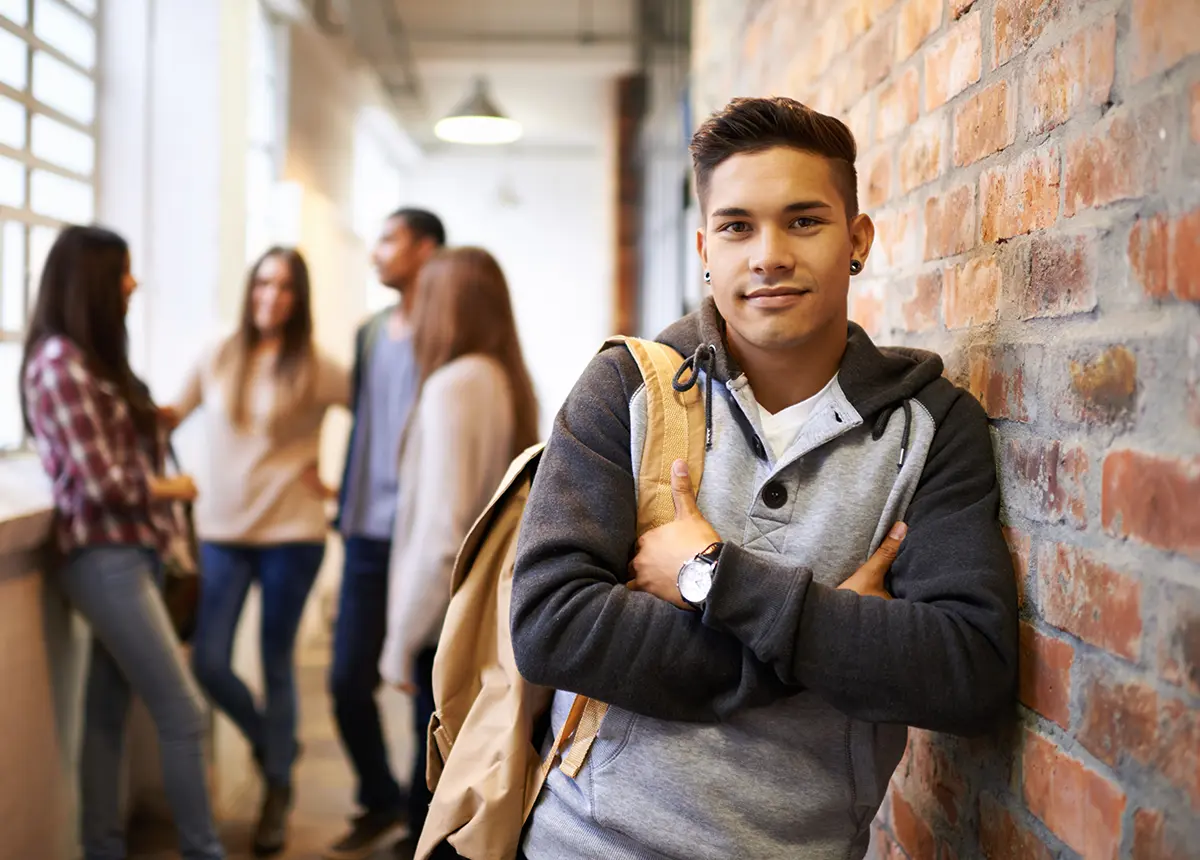 Students talking in a hallway